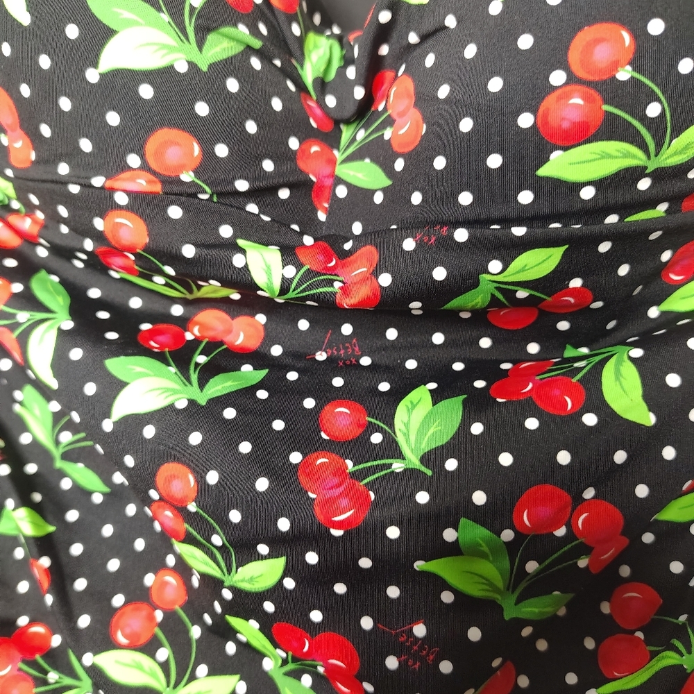 Betsy Johnson Black Sweetheart Cherry Ruched One-Piece Swimsuit Womens XL NWT - Picture 4 of 11